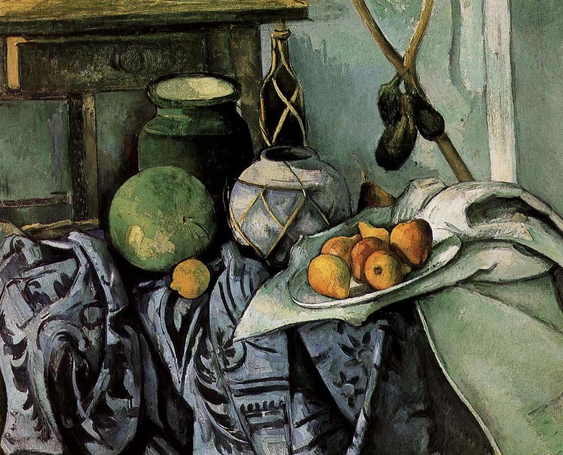 Paul Cezanne bottles and fruit still life